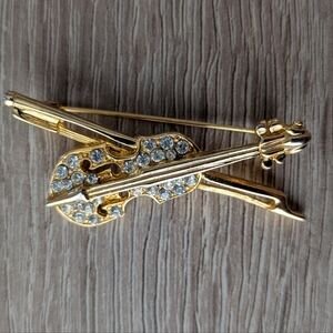 Vintage Violin Brooch / Pin Gold Color With Rhinestones